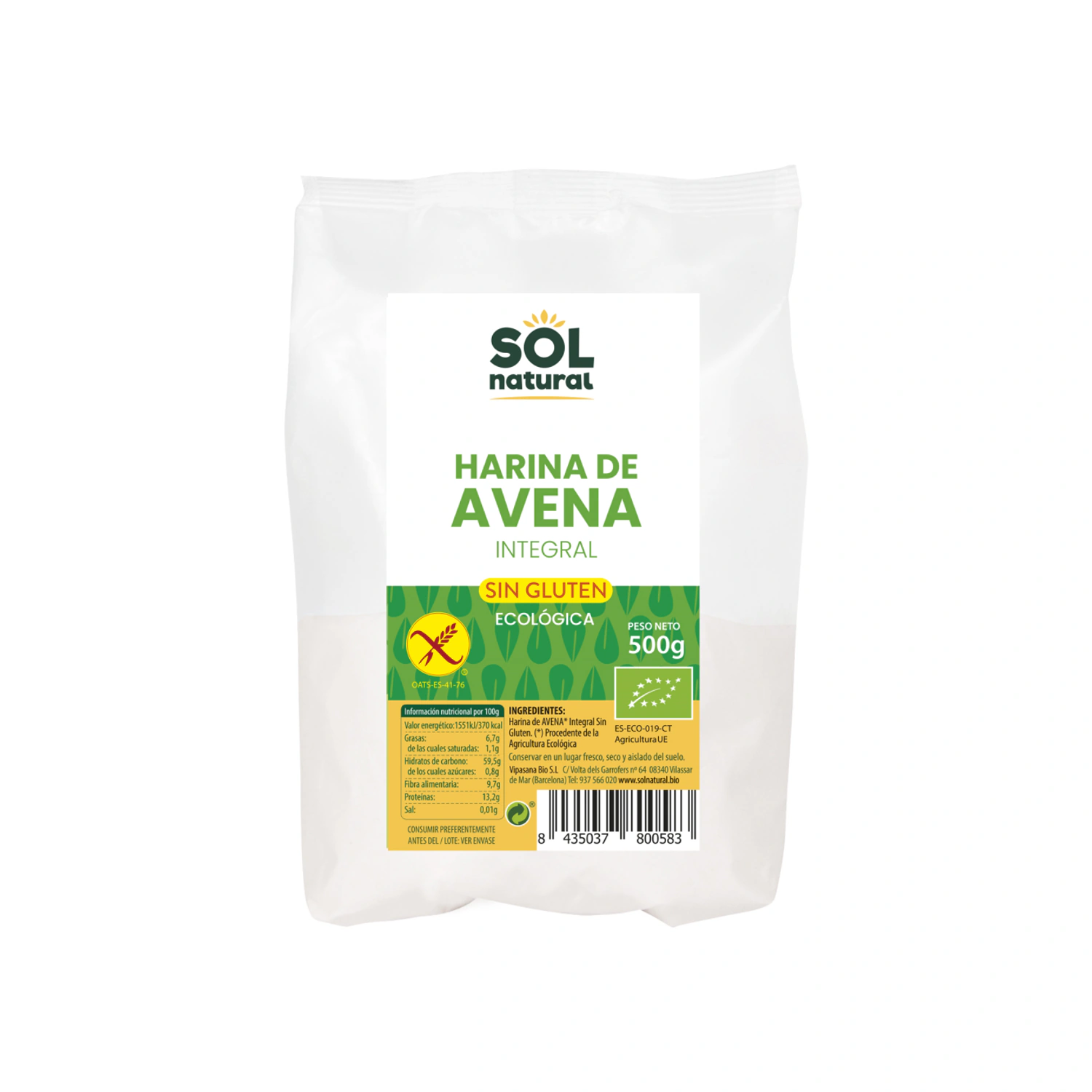 Harina de avena integral sin gluten Bio 500 g Sol Natural