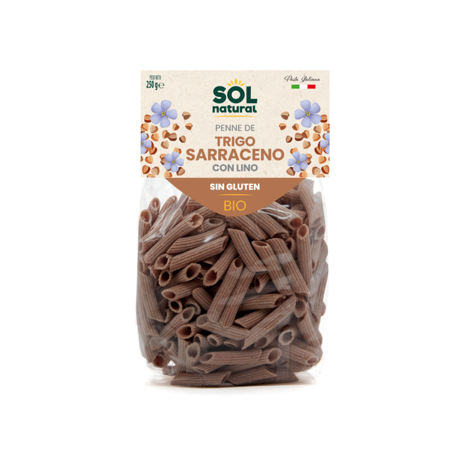 Macarrones de trigo sarraceno y lino sin gluten Bio 250 g Sol Natural