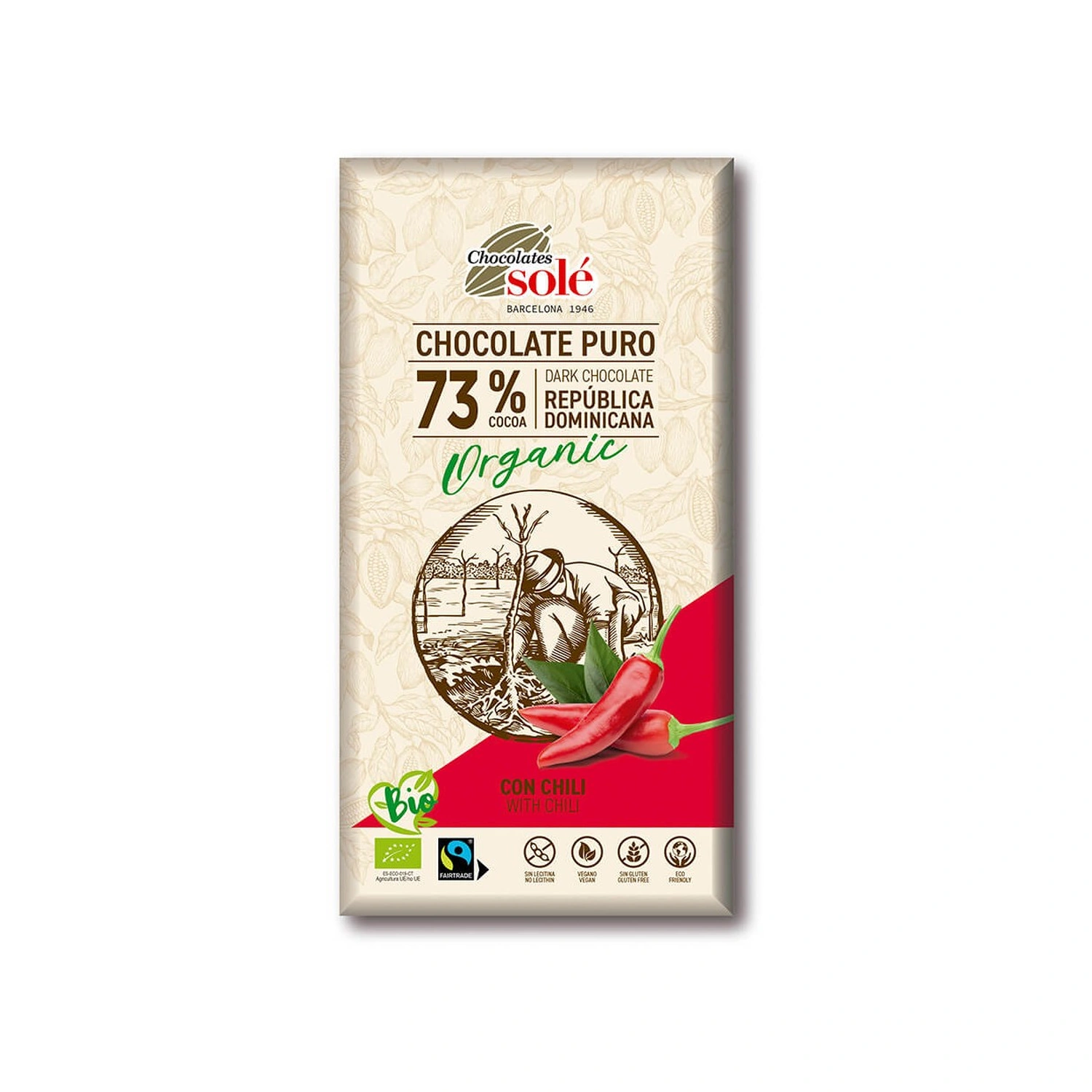 Chocolate negro 73% cacao con chili Bio 100 g Chocolates Solé