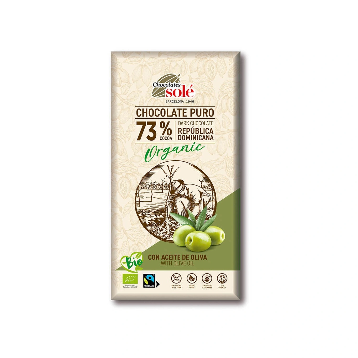 Chocolate negro 73% cacao con aceite de oliva virgen extra Bio 100 g Chocolates Solé