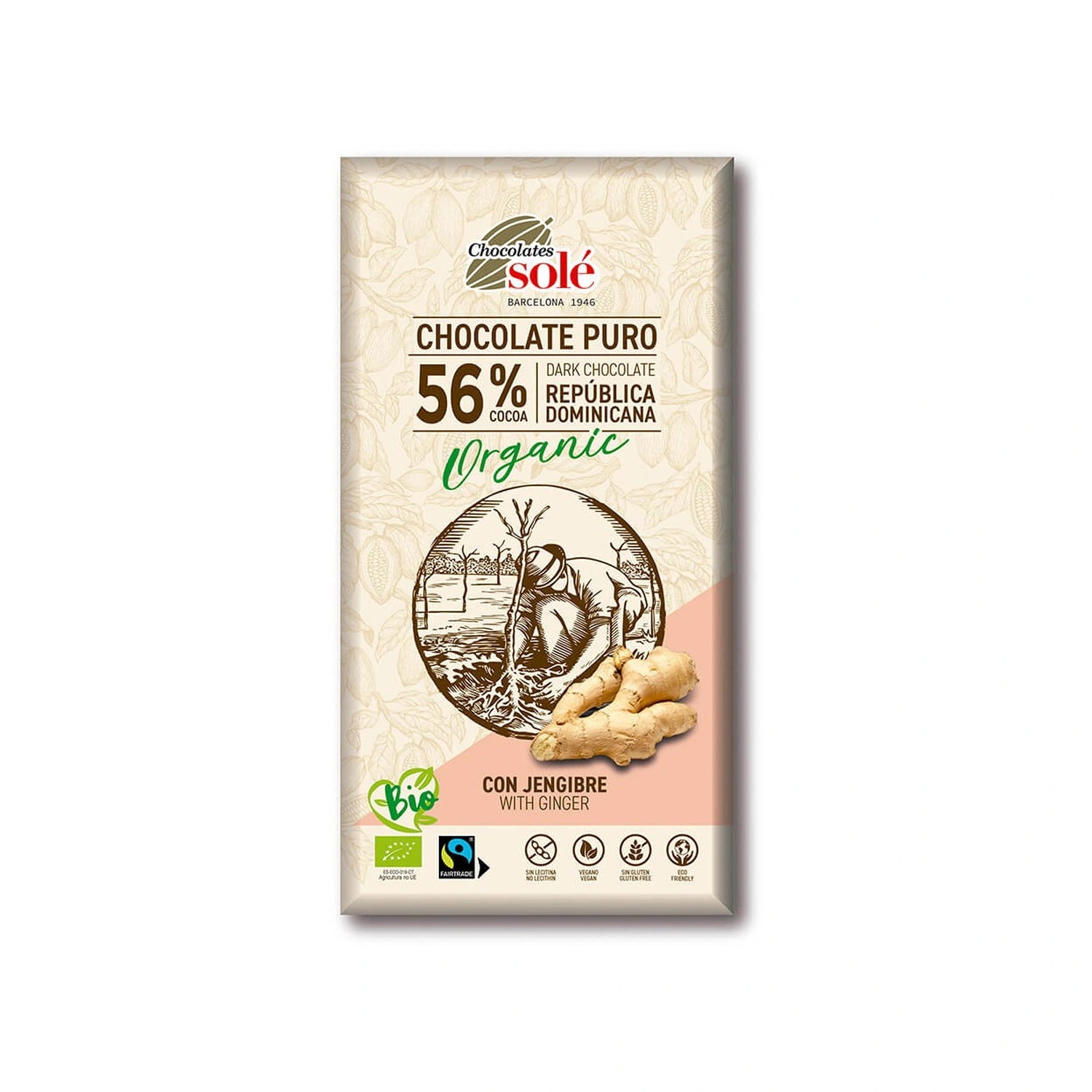 Chocolate negro 56% cacao con jengibre Bio 100 g Chocolates Solé