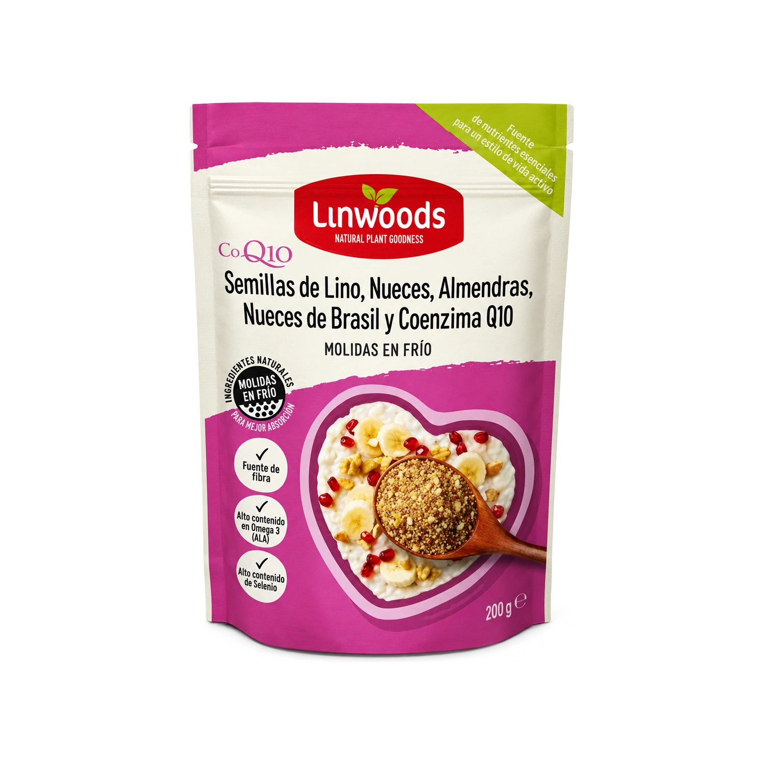 Semillas de lino, nueces, almendras, nueces de Brasil y coenzima Q10 molidas 200 g Linwoods