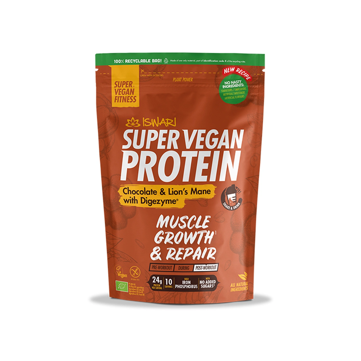 Proteína Super Vegan Fitness de chocolate y melena de león Bio 400 g Iswari
